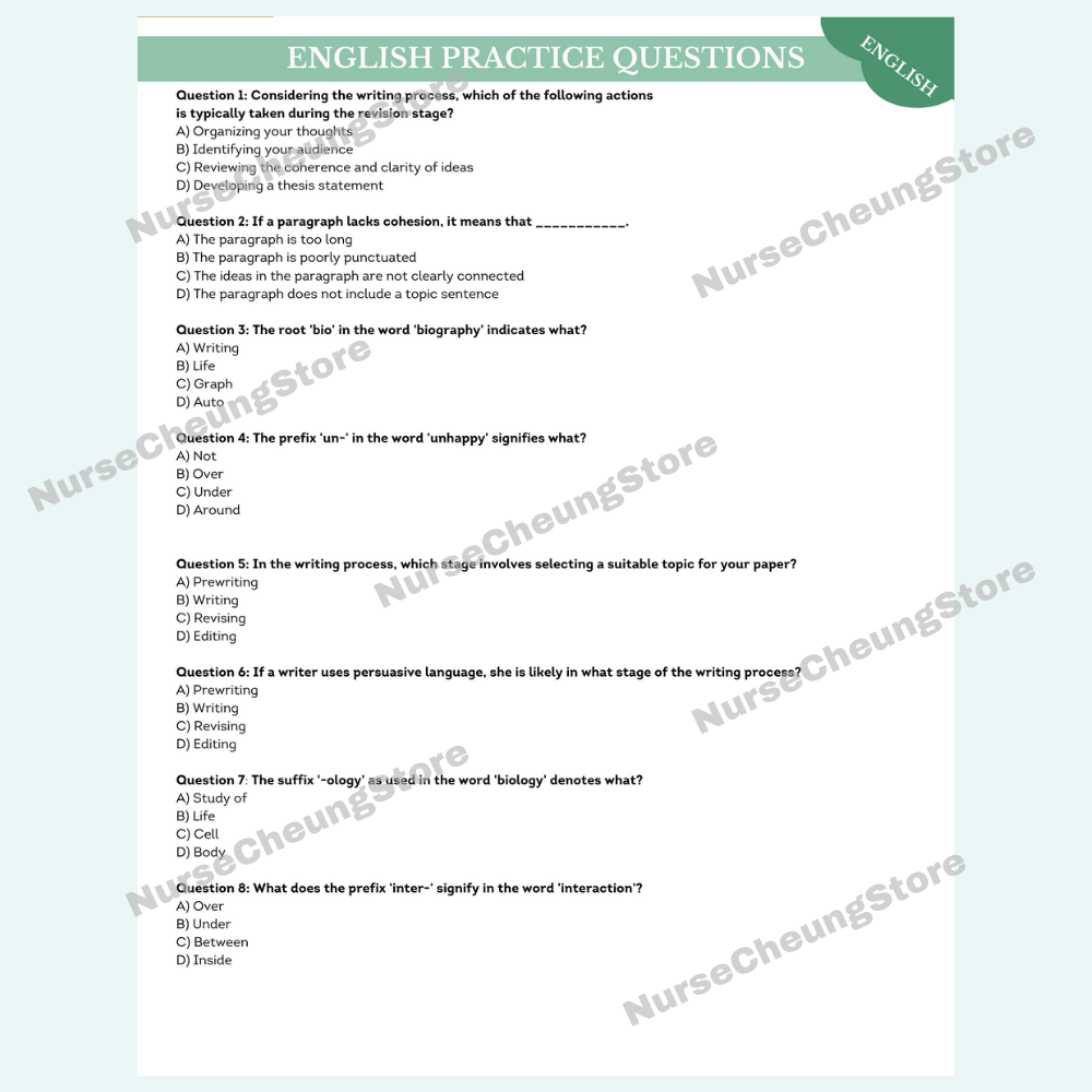 ATI TEAS V7 English & Language Usage Comprehensive Study Guide by NurseCheung - Detailed Review with 37 Practice Questions (DIGITAL DOWNLOAD)
