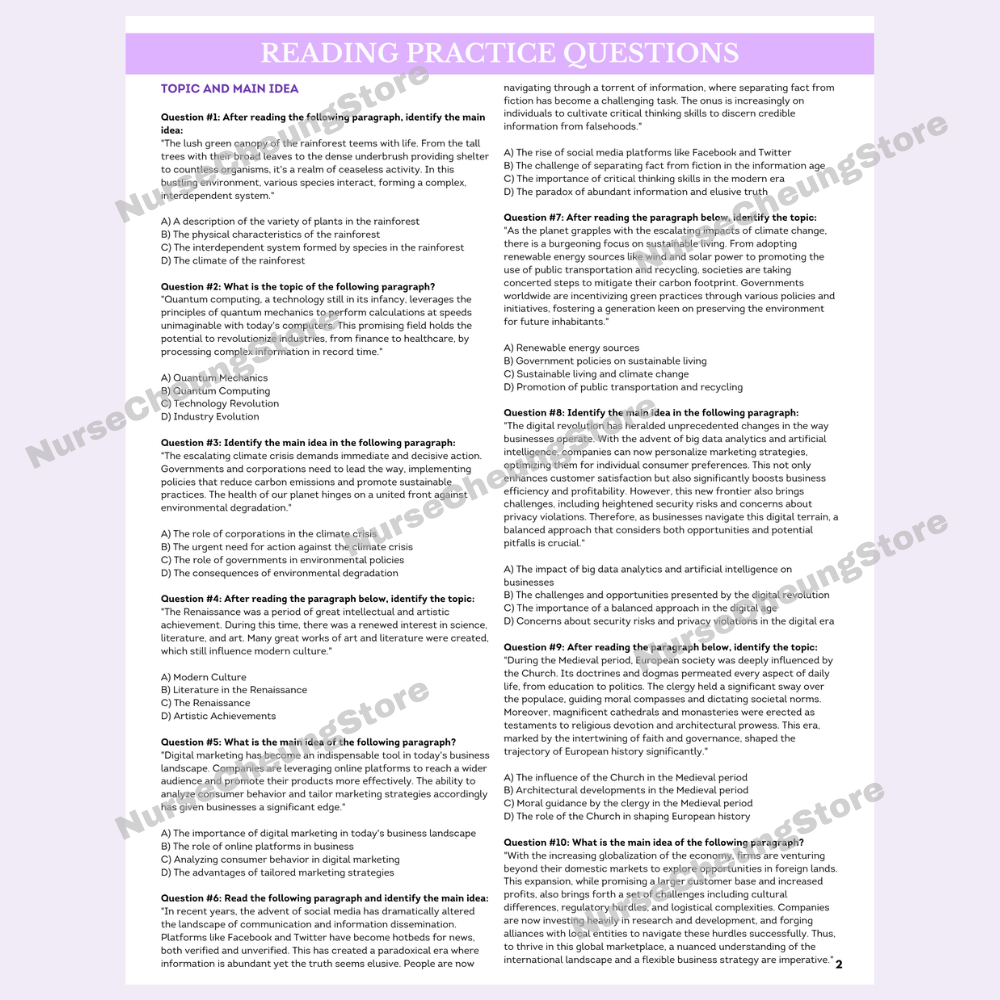 650 + ATI TEAS V7 NurseCheung Reading Practice Questions (DIGITAL DOWNLOAD)