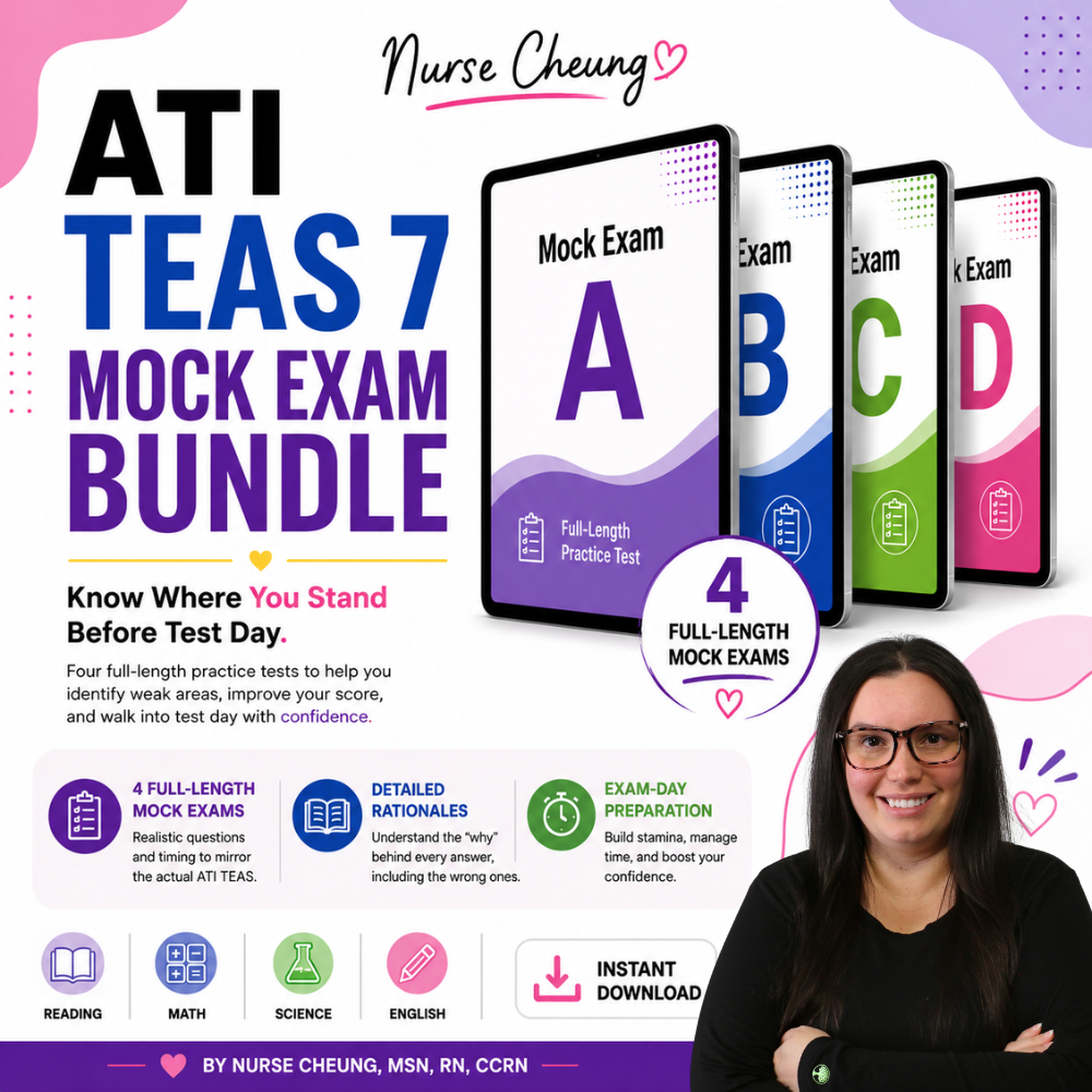 Promotional graphic for an ATI TEAS 7 Mock Exam Bundle by Nurse Cheung, showing four mock exam screens labeled A, B, C, and D, with text describing full-length practice tests, detailed rationales, exam-day preparation, and instant download. A photo of the nurse appears in the bottom right corner.
