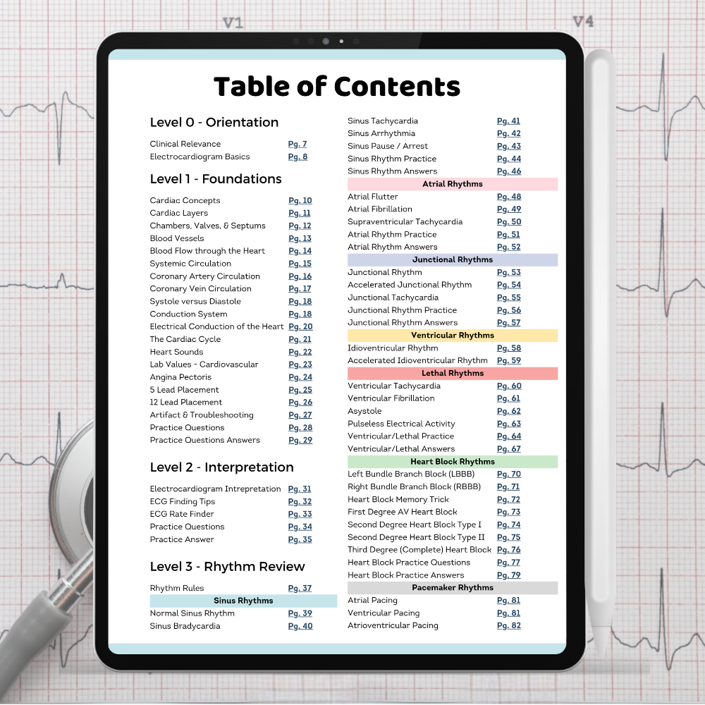 Table of Contents for Nurse Cheung EKG Guide showing Levels 0-3 learning system for heart rhythms and blocks.