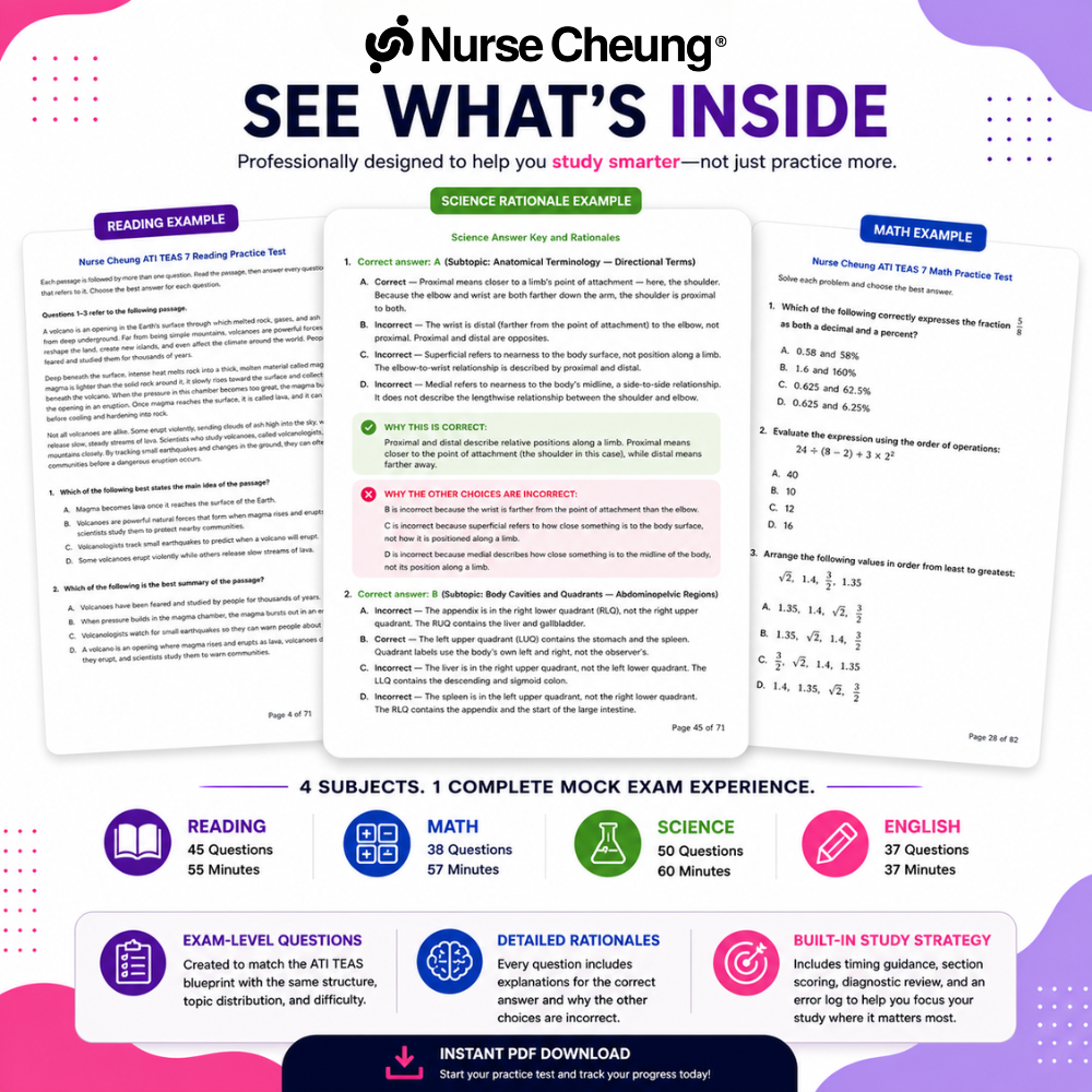 Nurse Cheung ATI TEAS 7 Mock Exam Bundle | 4 Full-Length Practice Tests (Digital PDF) - NurseCheungStore