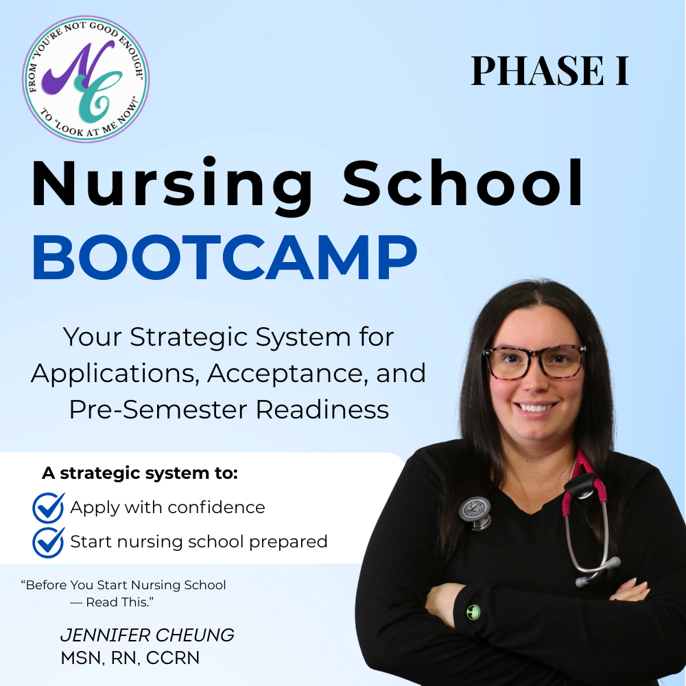 Front cover of Nursing School Bootcamp Phase 1 by Nurse Cheung featuring a strategic blueprint for applications and acceptance.
