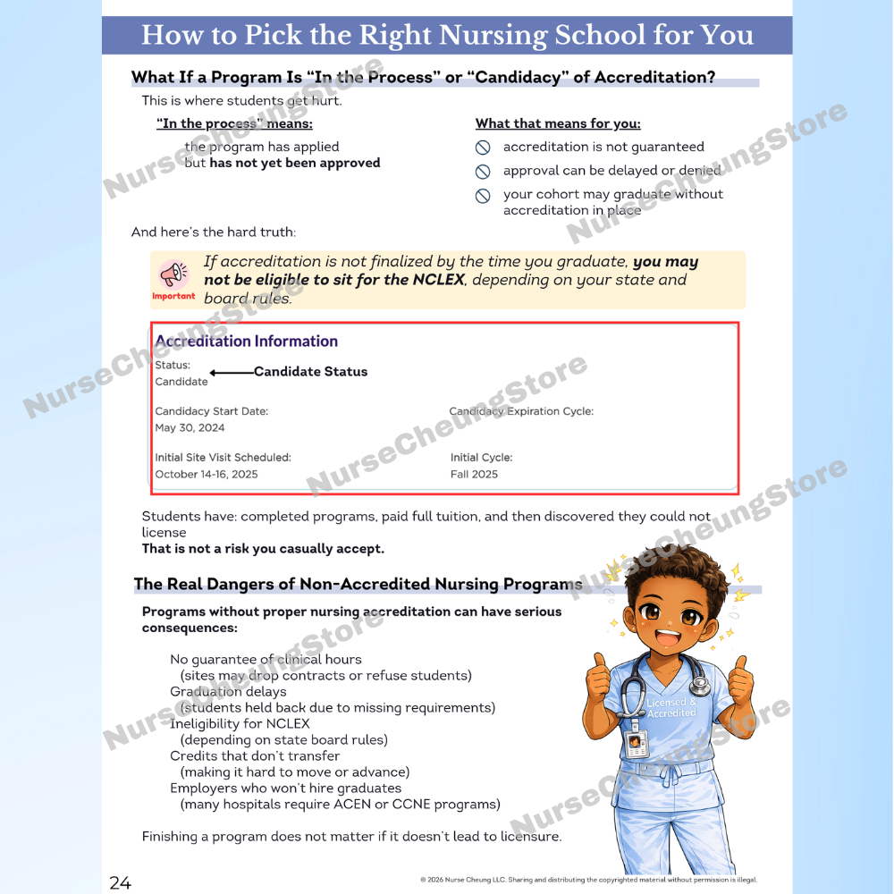 Guide on the dangers of non-accredited nursing programs explaining risks for clinical hours, NCLEX eligibility, and credit transfer.