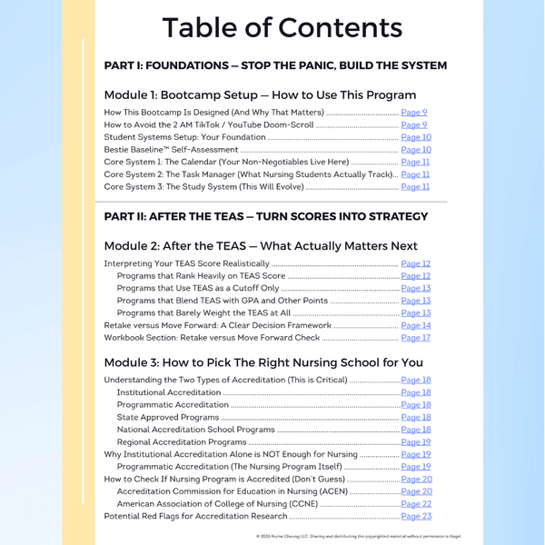 Table of contents for the Phase 1 Pre-Nursing Bootcamp showing modules on TEAS scores and choosing the right nursing school.