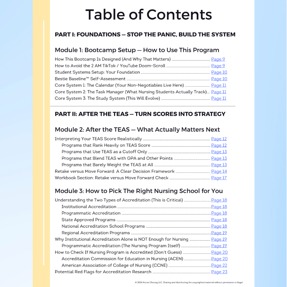 Table of contents for Nurse Cheung Nursing Bootcamp Phase I, showing modules on bootcamp setup, TEAS strategy, and school selection.