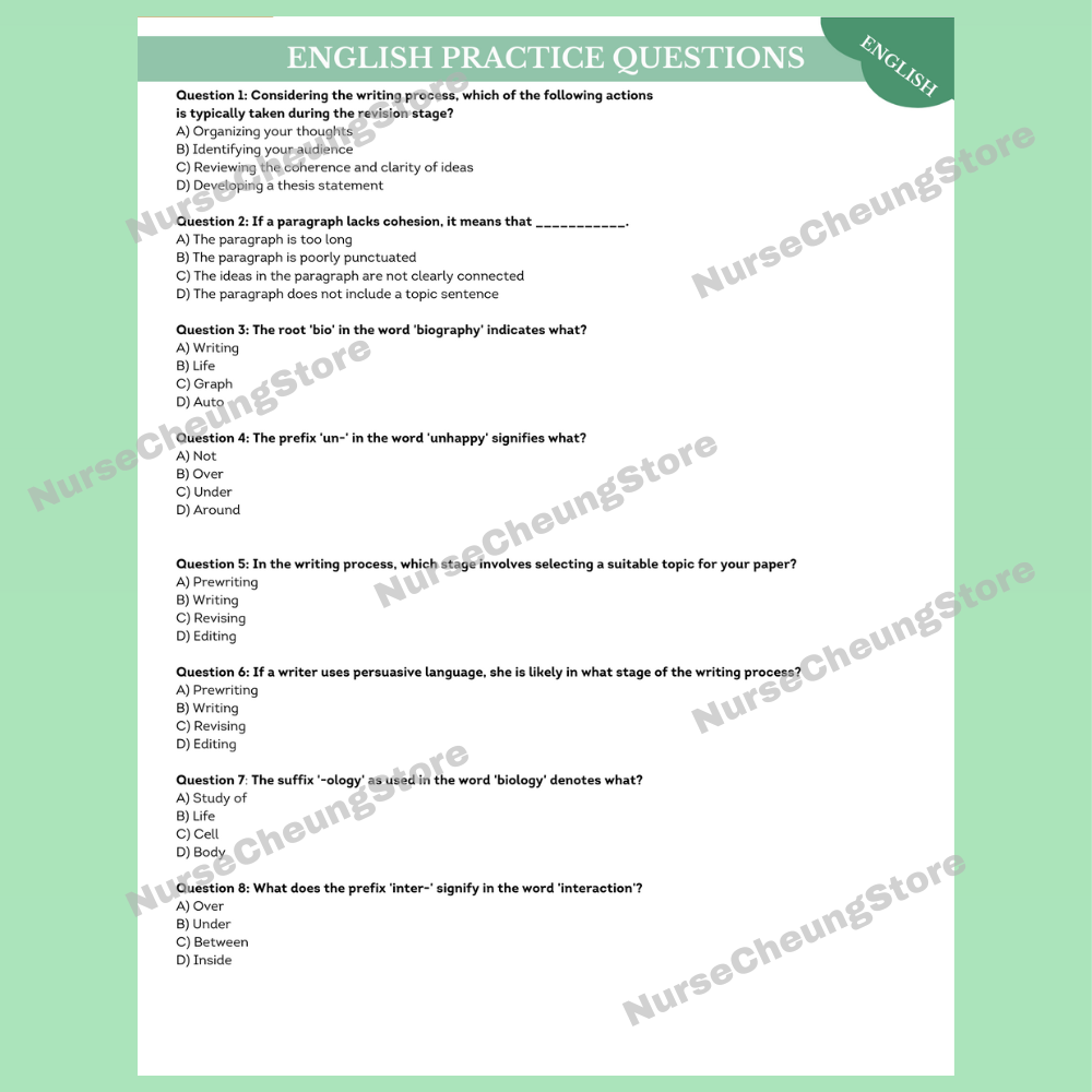 ATI TEAS V7 English & Language Usage Comprehensive Study Guide by NurseCheung - Detailed Review with 37 Practice Questions (DIGITAL DOWNLOAD)
