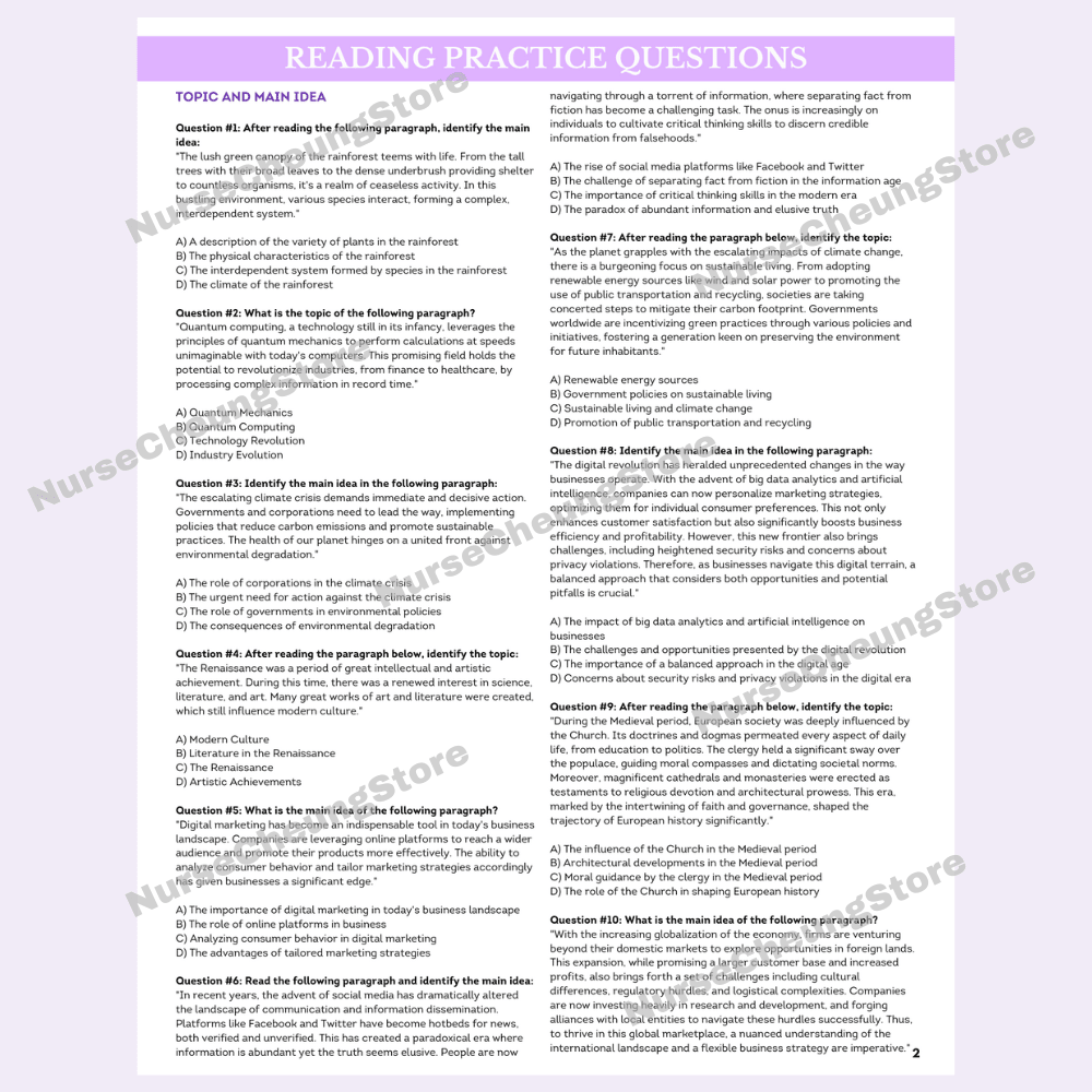 650 + ATI TEAS V7 NurseCheung Reading Practice Questions (DIGITAL DOWNLOAD) - NurseCheungStore