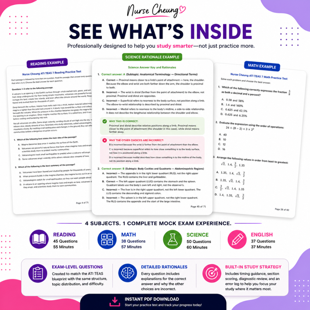 Promotional graphic for a mock exam study guide titled 'See What's Inside' by Nurse Cheung. The design features three sample pages showing past exam questions in Reading, Science, and Math, along with icons and text detailing the four subjects, question counts, and study strategy included in the instant download PDF.