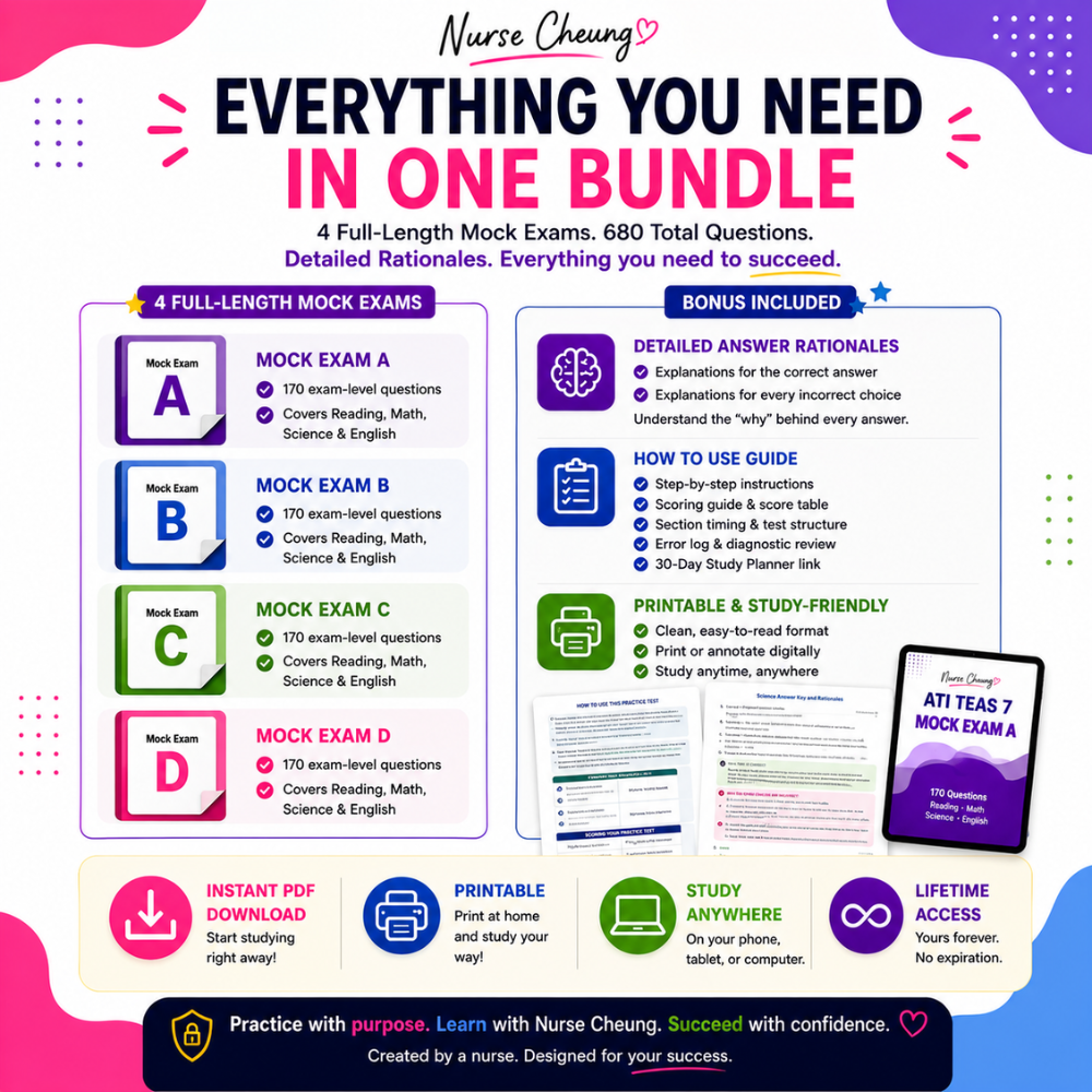 Nurse Cheung ATI TEAS 7 Mock Exam Bundle | 4 Full-Length Practice Tests (Digital PDF)