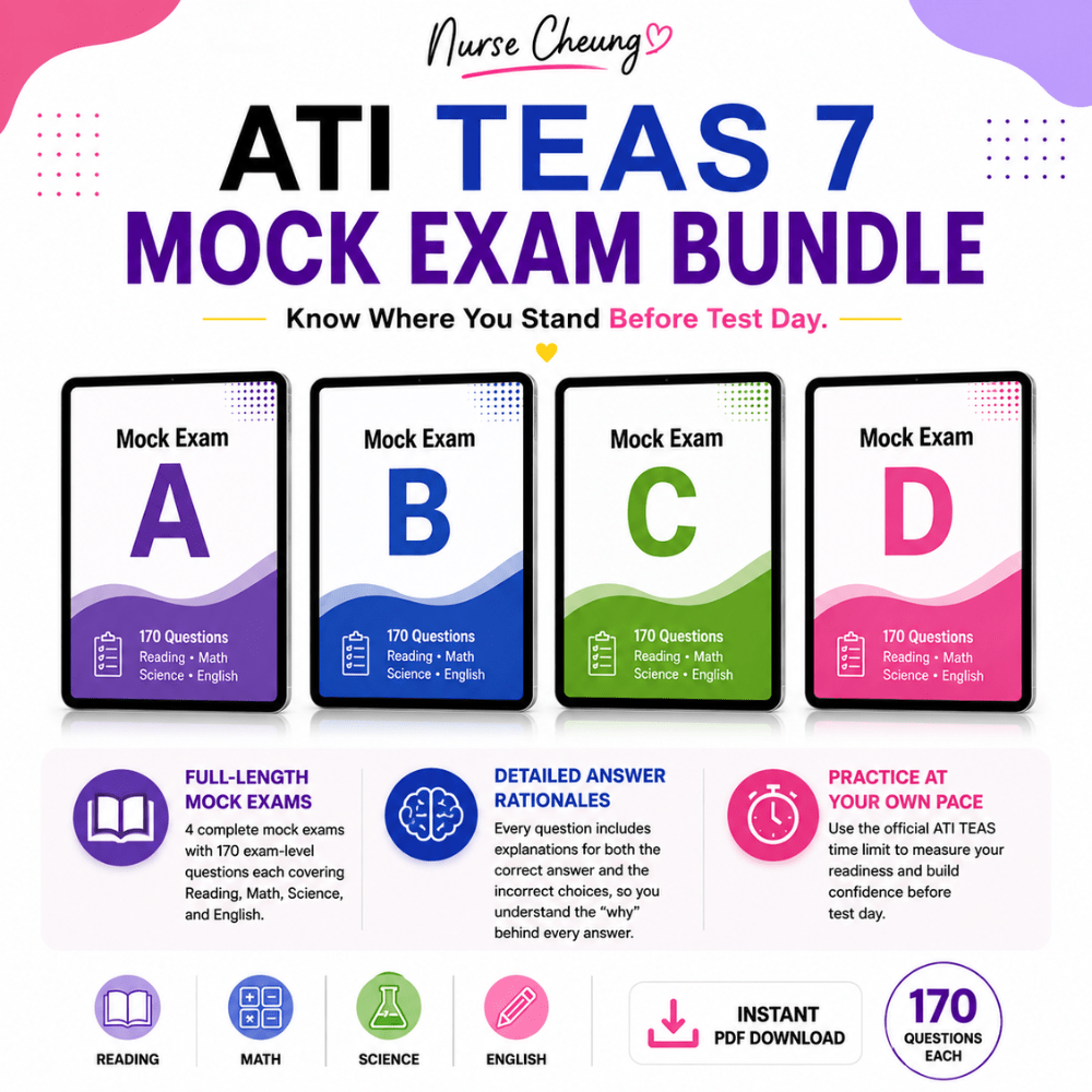 Nurse Cheung ATI TEAS 7 Mock Exam Bundle | 4 Full-Length Practice Tests (Digital PDF) - NurseCheungStore