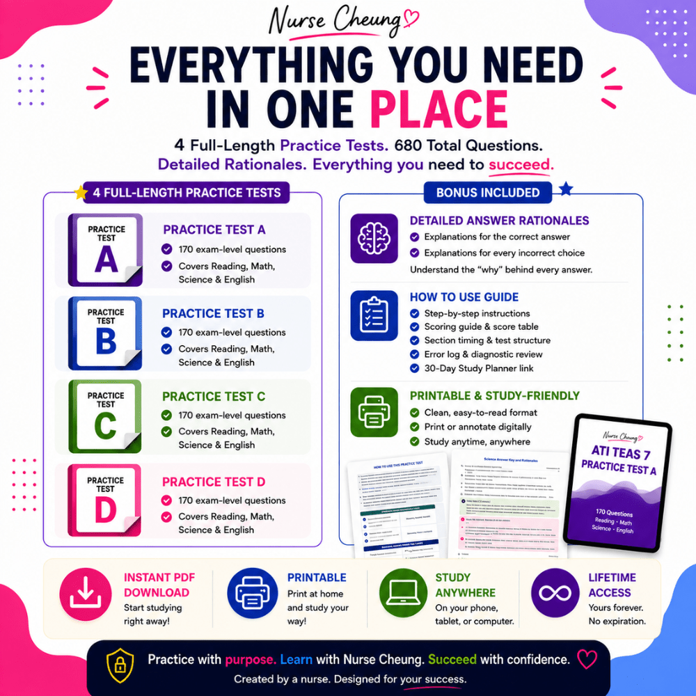 Nurse Cheung ATI TEAS 7 Practice Tests | 4 Full-Length Practice Tests (Digital PDF) - NurseCheungStore