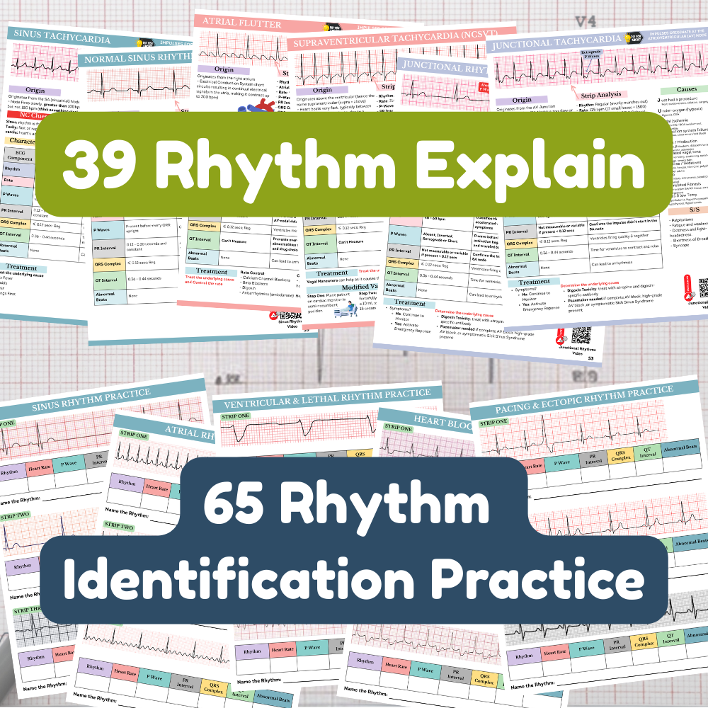 Nurse Cheung EKG Study Guide preview showing 39 detailed rhythm explanation sheets and 65 rhythm identification practice drills for nursing students and NCLEX prep.