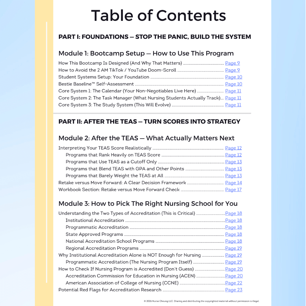 Table of contents for the Phase 1 Pre-Nursing Bootcamp showing modules on TEAS scores and choosing the right nursing school.