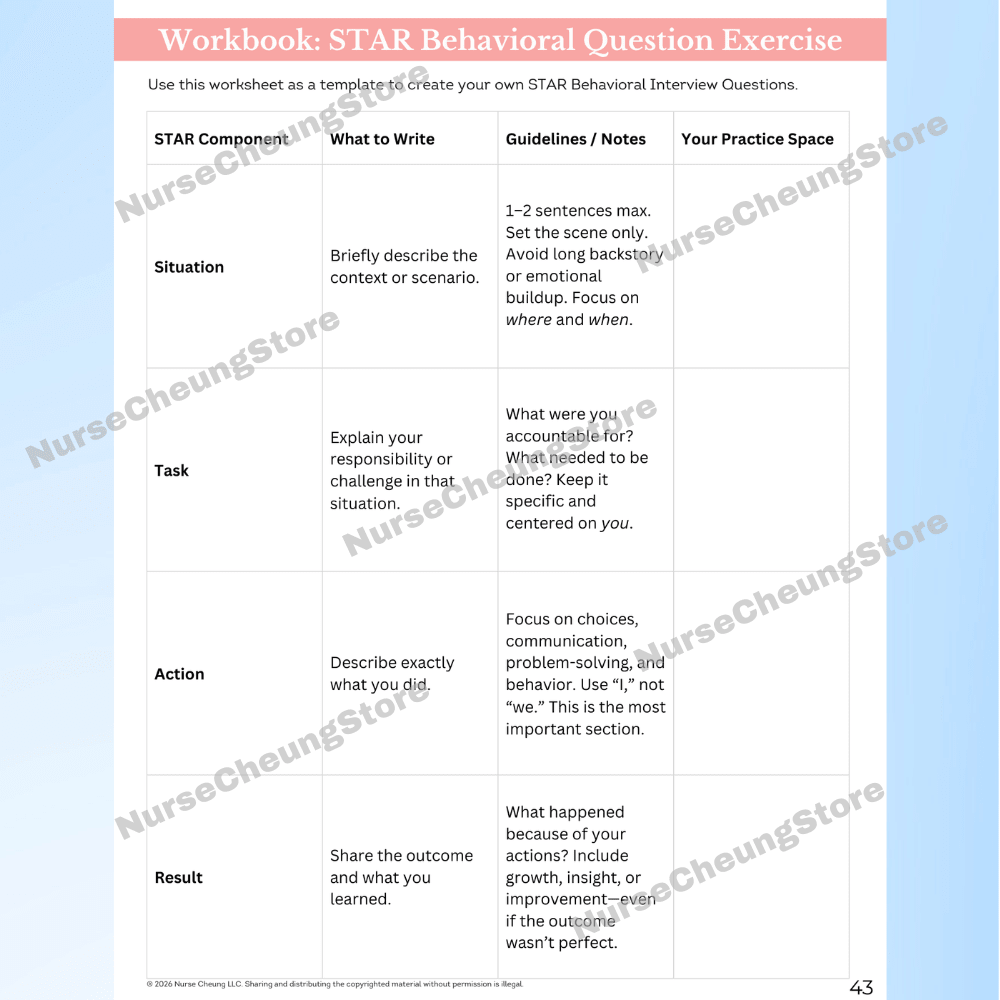 STAR behavioral interview question workbook to help nursing students prepare for admissions interviews.