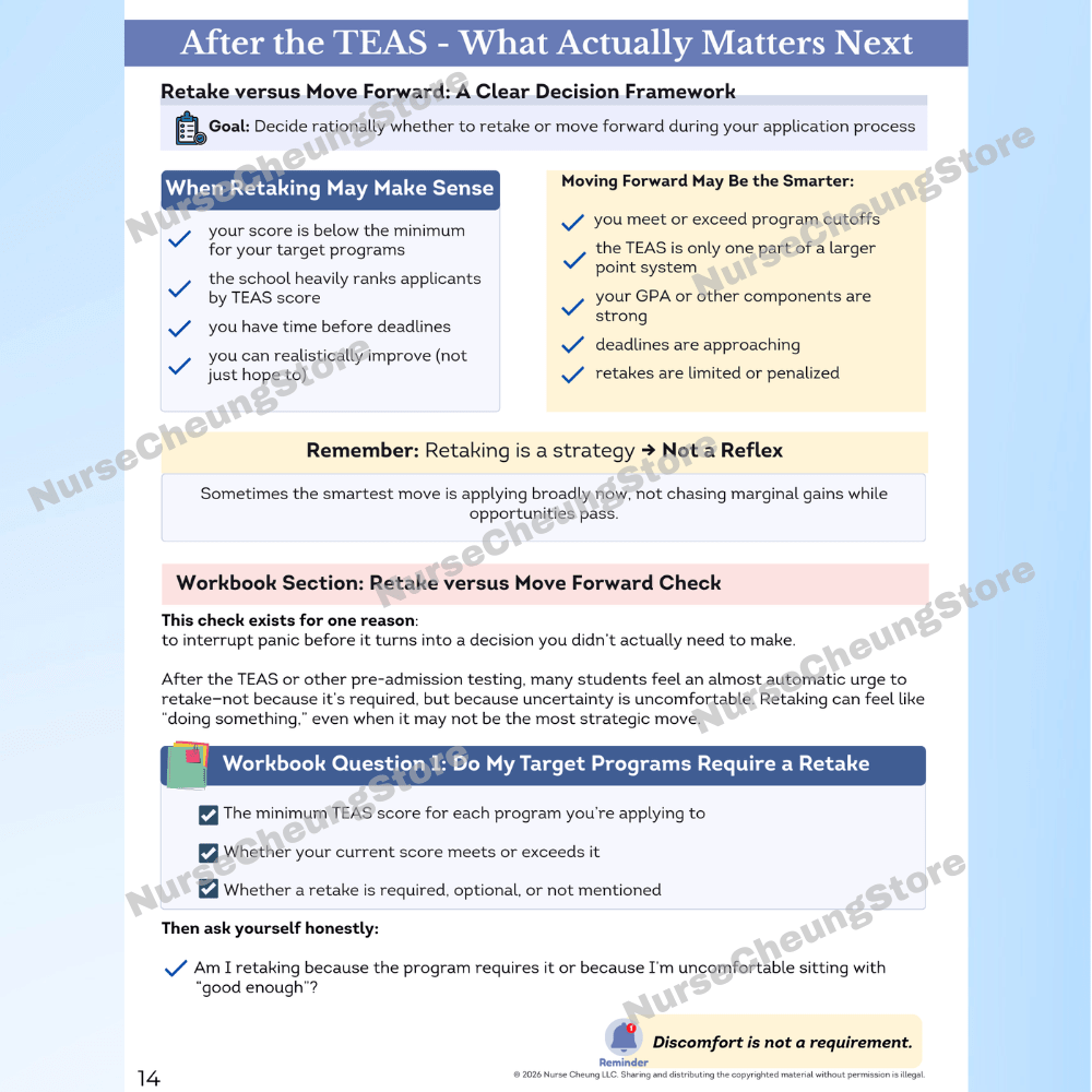 Decision framework workbook page helping pre-nursing students decide whether to retake the TEAS exam or apply.